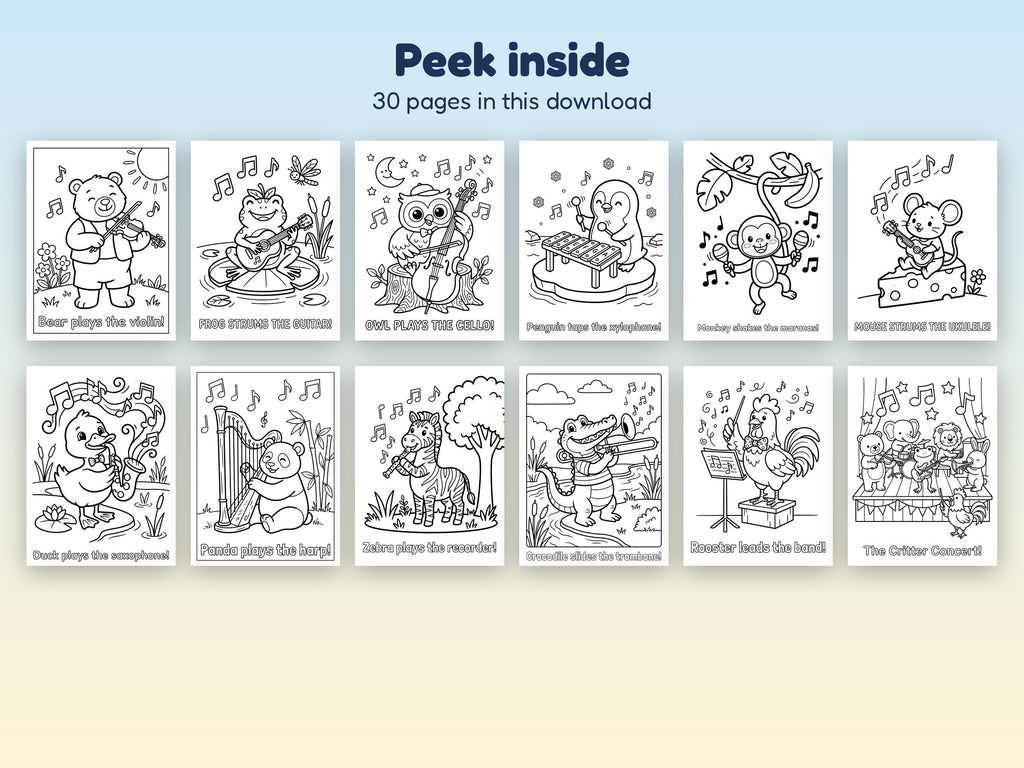 Peek inside Critter Concert coloring pages