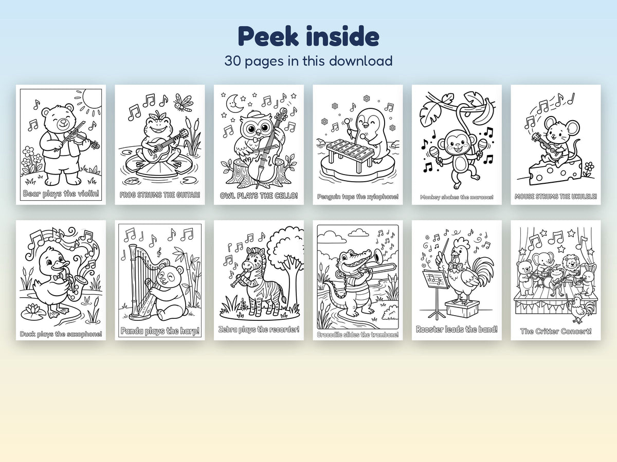 Peek inside Critter Concert coloring pages